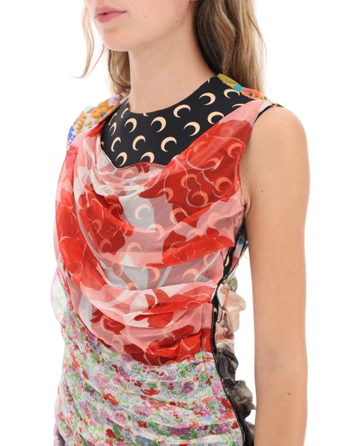 MARINE SERRE Red Upcycled Silk Patchwork Dress