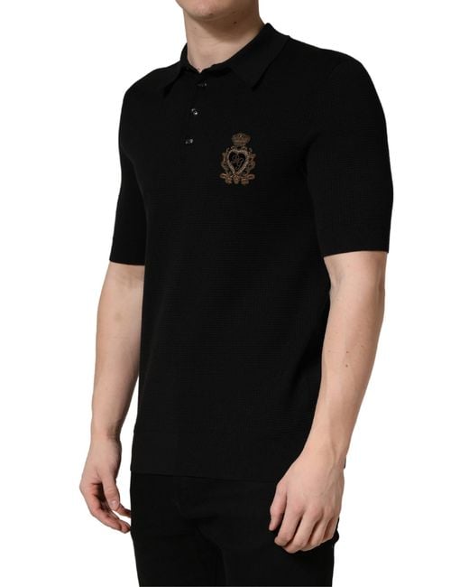 Dolce & Gabbana Black Heraldic Crest Patch Silk Polo T for men