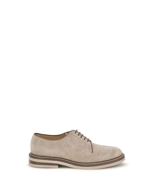 Brunello Cucinelli White Suede Derby Lace-Up Shoes for men