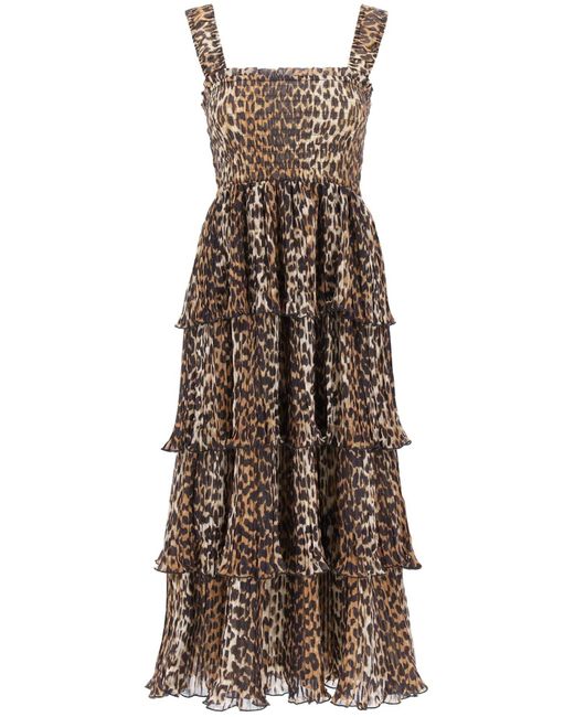 Ganni Natural Pleated Long Dress With Leopard Motif