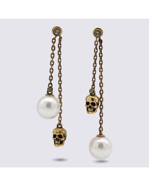 Alexander McQueen White Antique Metal And Pearl Skull Chain Earrings