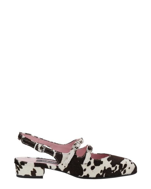 CAREL PARIS White Peche Slingback Ballet Shoes With Buckle Strap Closure And Cow Print