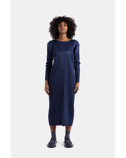 Pleats Please Issey Miyake Blue Pleated Long-Sleeved Midi Dress