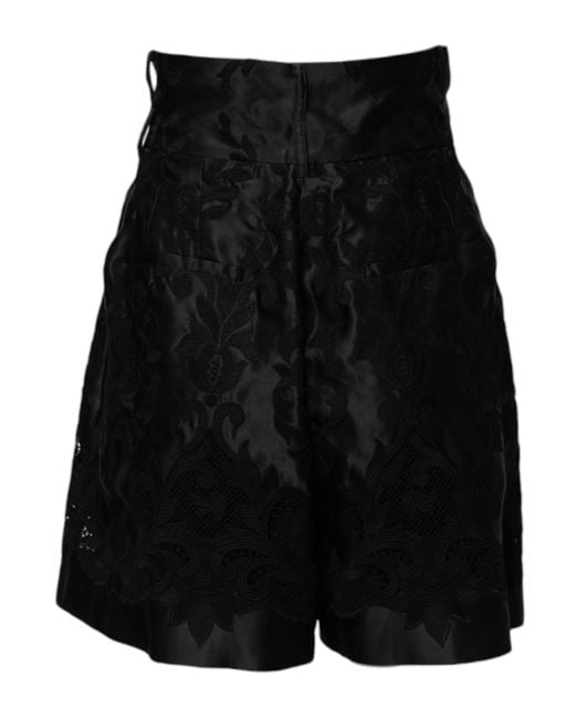 Dolce & Gabbana Black Floral Embroidery Silk High Waist Shorts