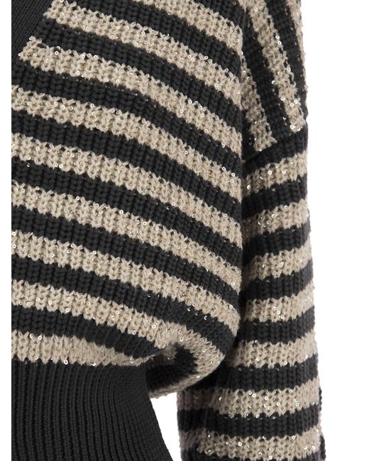 Brunello Cucinelli Black Cotton Cardigan With Dazzling Stripes
