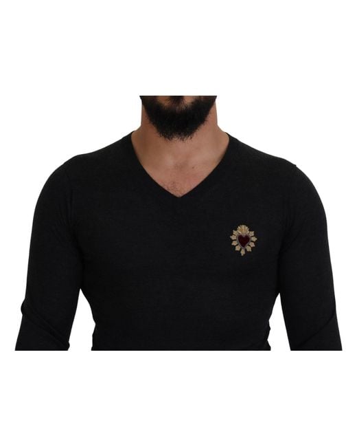 Dolce & Gabbana Black Cashmere V-Neck Sweater With Heart Embroidery for men