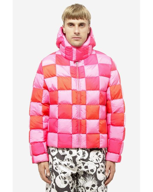 ERL Pink Gradient Checker Hooded Puffer Jacket for men