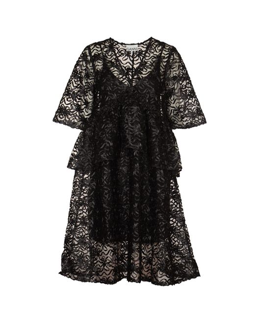 Ganni Black Ribbon Detail See-Through Layered Dress