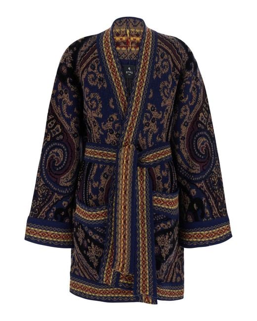 Etro Blue Cardigan Belted Wool Tops
