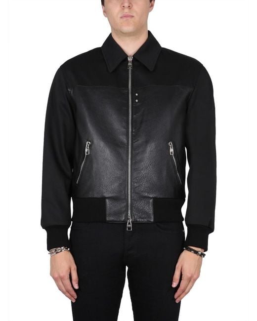 McQueen Black Leather Bomber Jacket for men