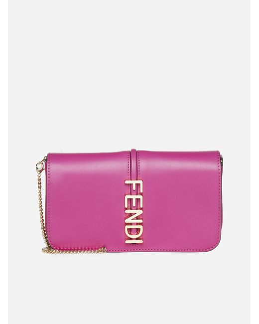 Fendi Pink Graphy Leather Wallet On Chain
