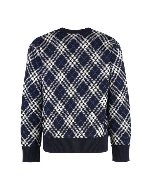 Burberry Blue Wool Cardigan With Vintage Check Print Cardigans for men