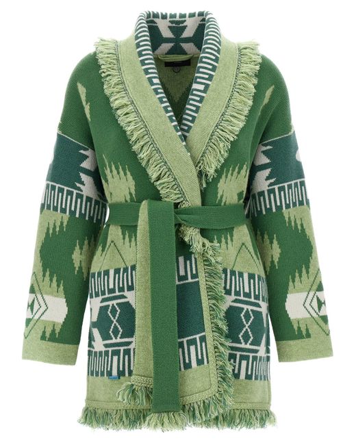 Alanui Green Icon Belted Fringed Jacquard-knit Cashmere Cardigan