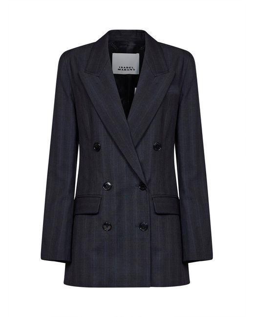 Isabel Marant Blue Dark Anthracite Check Stretch Wool Jevima Double-Breasted Blazer