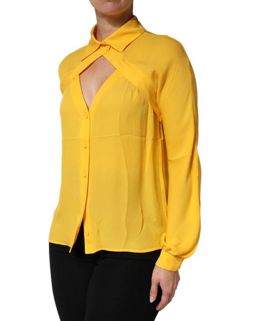 Moschino Couture Yellow Silk Collared Long Sleeves Top