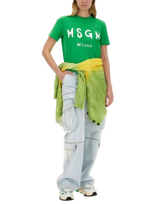 MSGM Green T-Shirt With Logo