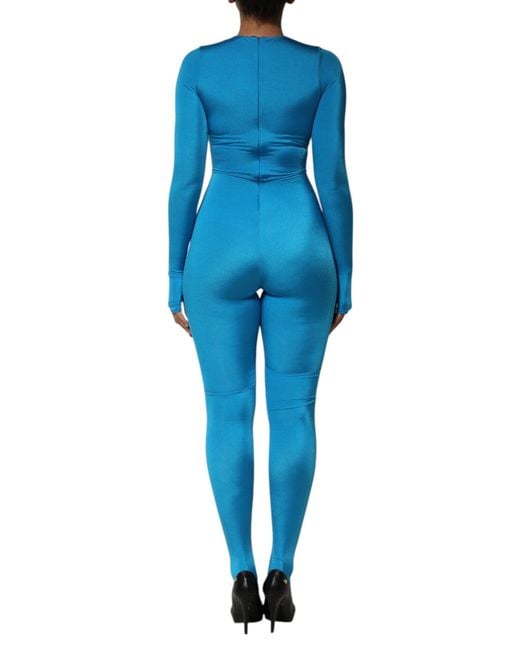 Dolce & Gabbana Blue Nylon Crew Neck Bodycon Jumpsuit Dress