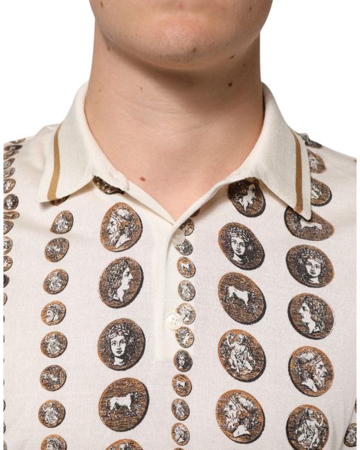 Dolce & Gabbana White Silk Ivory Coin Print Logo Polo T-Shirt for men