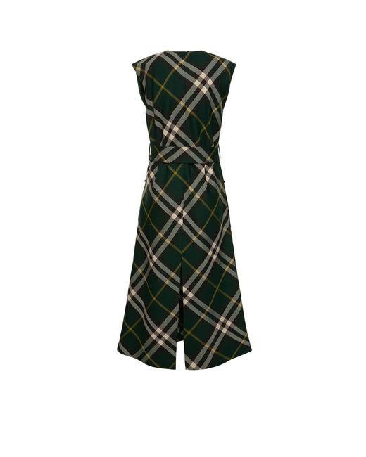 Burberry Green Check Motif Wool Midi Dress