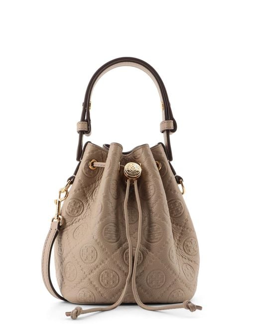 Tory Burch Natural T Monogram Pebble Mini Leather Bucket Bag