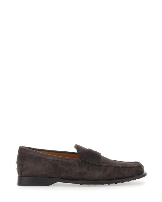 Tod's Brown Loafers With Pennyslot Suede Calf Leather for men