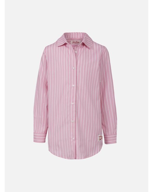 Mc2 Saint Barth Pink Girl Striped Print Cotton Over Shirt Mini Brigitte