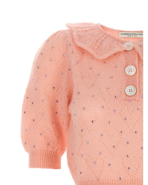 Alessandra Rich Pink Rhinestone Appliqué Mohair Blend Sweater