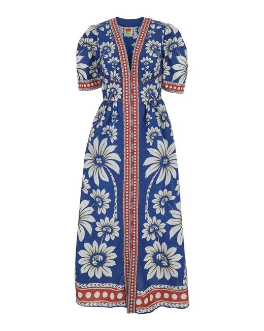 FARM Rio Women's Blue Luna Long Dress With V Neck And All-Over Floral Motif