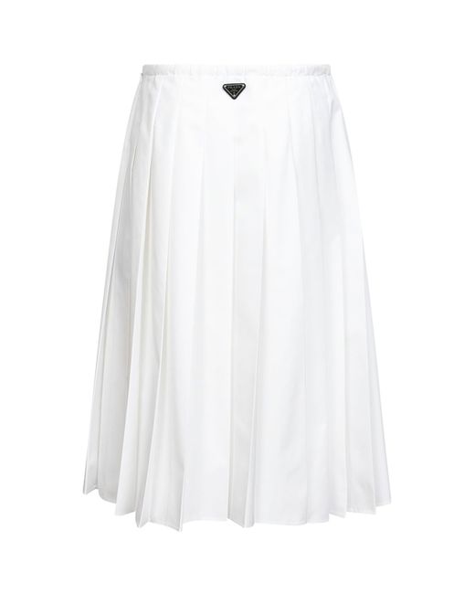 Prada White Technical Cotton Blend Pleated Midi Skirt Polyester