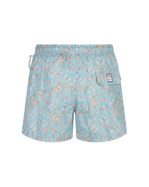 Fedeli Blue Light Swim Shorts With Butterfly Print for men