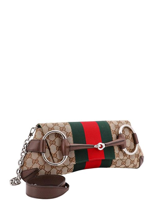 Gucci White Original Gg Fabric And Leather Shoulder Bag With Iconic Horsebit And Web Band