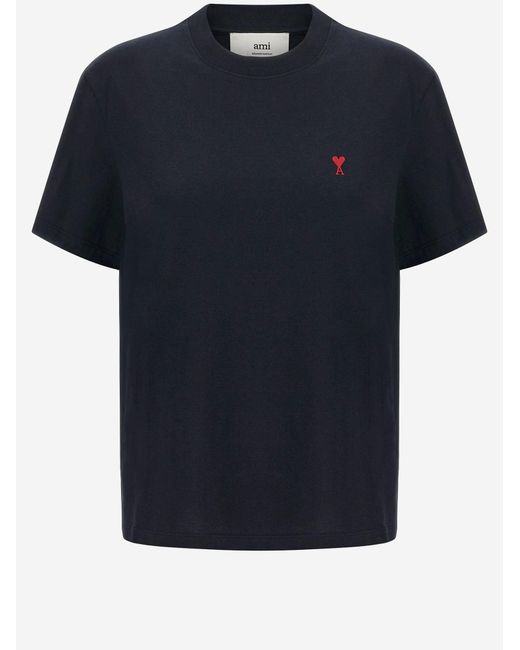 AMI Blue Cotton T-Shirt With Embroidered Logo T-Shirts for men