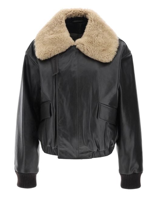 Lemaire Black Leather Blouson Jacket With Shearling Collar