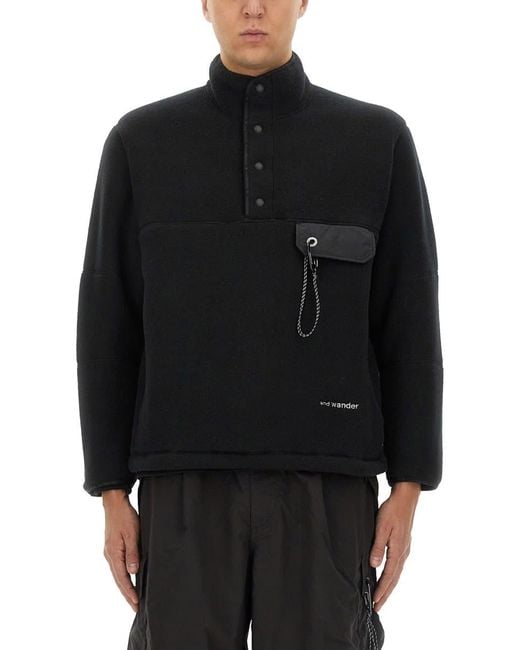 And Wander Black High-Collared Fleece Pullover With Textured Finish for men