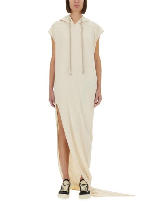 Rick Owens White Long Dress With Hood Cotton