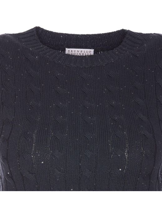 Brunello Cucinelli Blue Sequin Embellished Cable-knitted Top