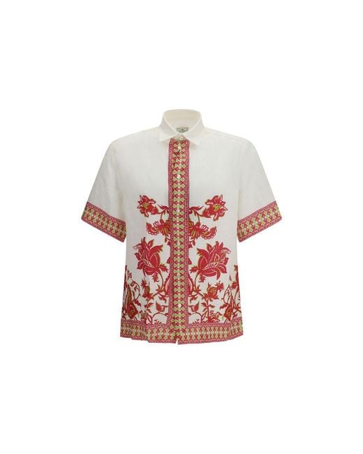 Etro Red Multicolor Linen Shortsleeve Shirt for men