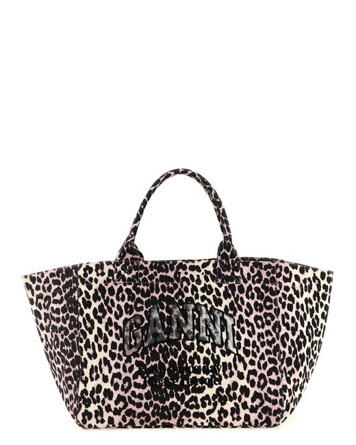Ganni Black 'Leopard Sequin Xxl Tote' Shopping Bag