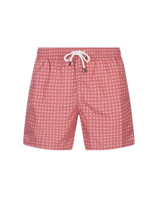 Fedeli Red Dark Swim Shorts With Micro Flower Pattern for men