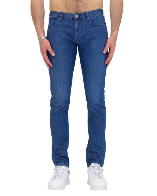 Emporio Armani Blue Logo Embroidered Skinny Jeans for men