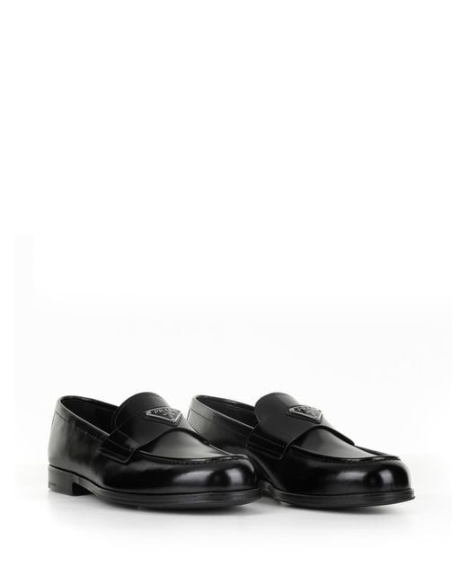 Prada Black Brushed Leather Loafers With Logo for men
