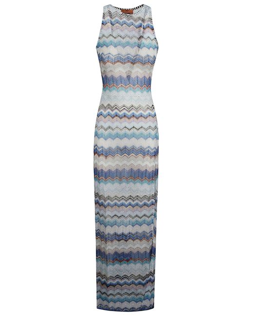 Missoni Blue Zig-Zag Patterned Stripe Sleeveless Long Dress