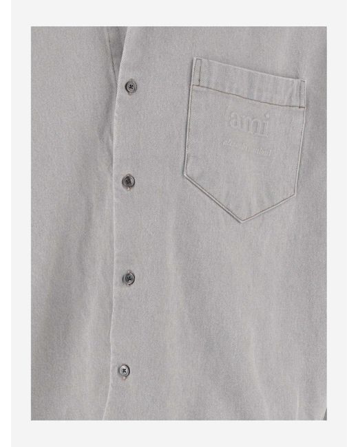 AMI Gray Cotton Denim Shirt With Logo for men
