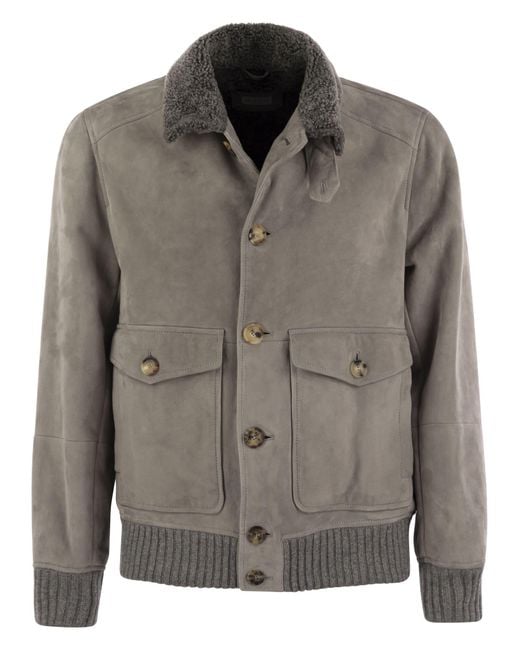 Brunello Cucinelli Gray Sheepskin Bomber Jacket With Wool Details for men