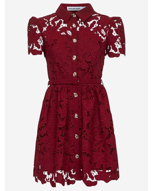 Self-Portrait Red Floral Lace Dress With Puff Sleeves