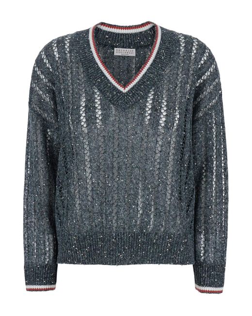 Brunello Cucinelli Gray Sequin T-Shirt With V Neck