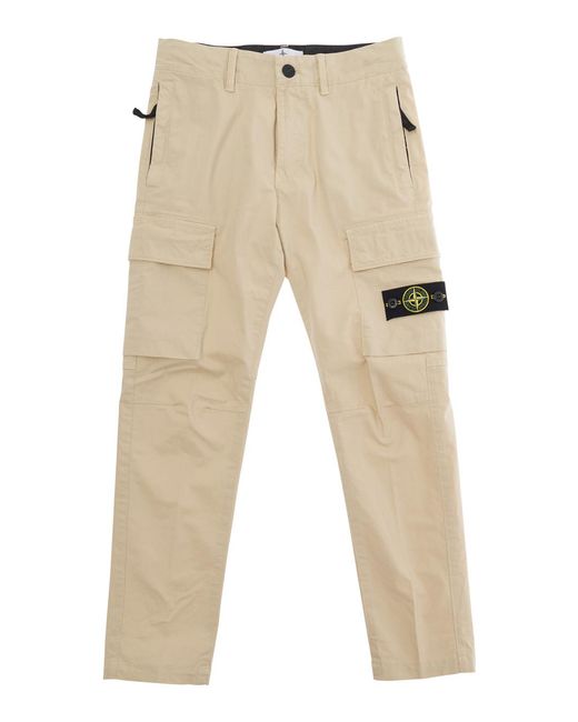 Stone Island Natural Pants With Logo Patch, Cotton Trousers for men