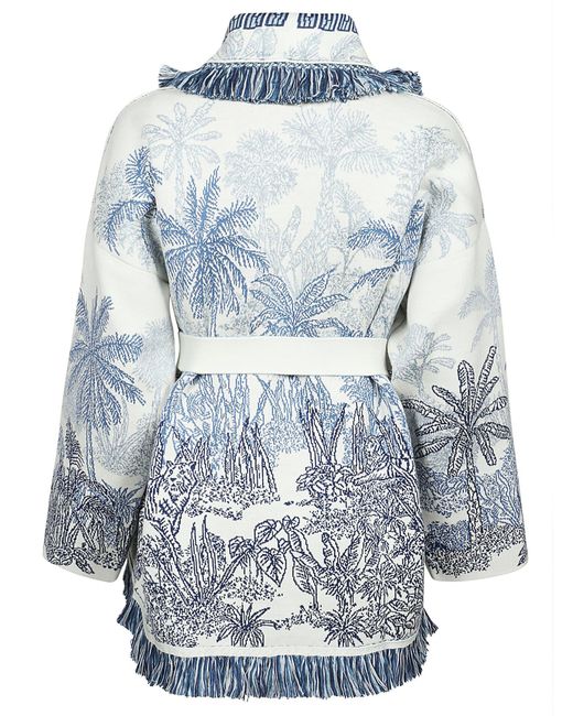 Alanui Blue Icon Jungle Toile De Jouy Fringed Belted Wool, Cotton And Silk-blend Cardigan