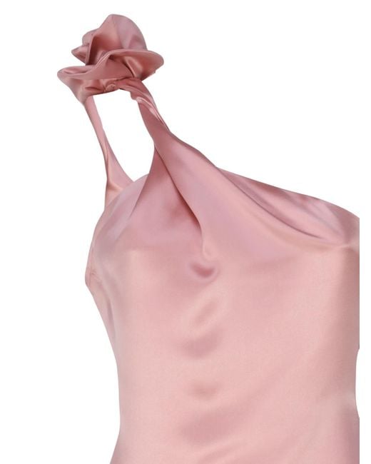 Magda Butrym Pink Silk One-Shoulder Midi Dress With Rose Appliqués