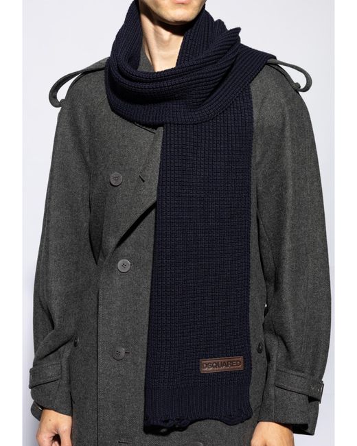 DSquared² Blue Logo Patch Knit Wool Scarf Accessories for men